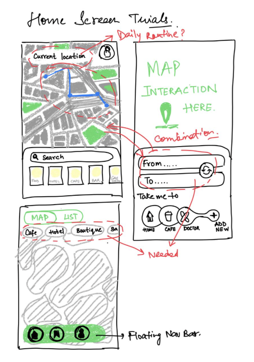 Paper wireframe — Home screen trials